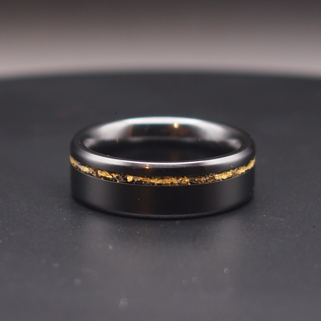 1/1 BLACK CERAMIC THIN INLAY RING SIZE 5 24K GOLD FLAKE AND AMBER