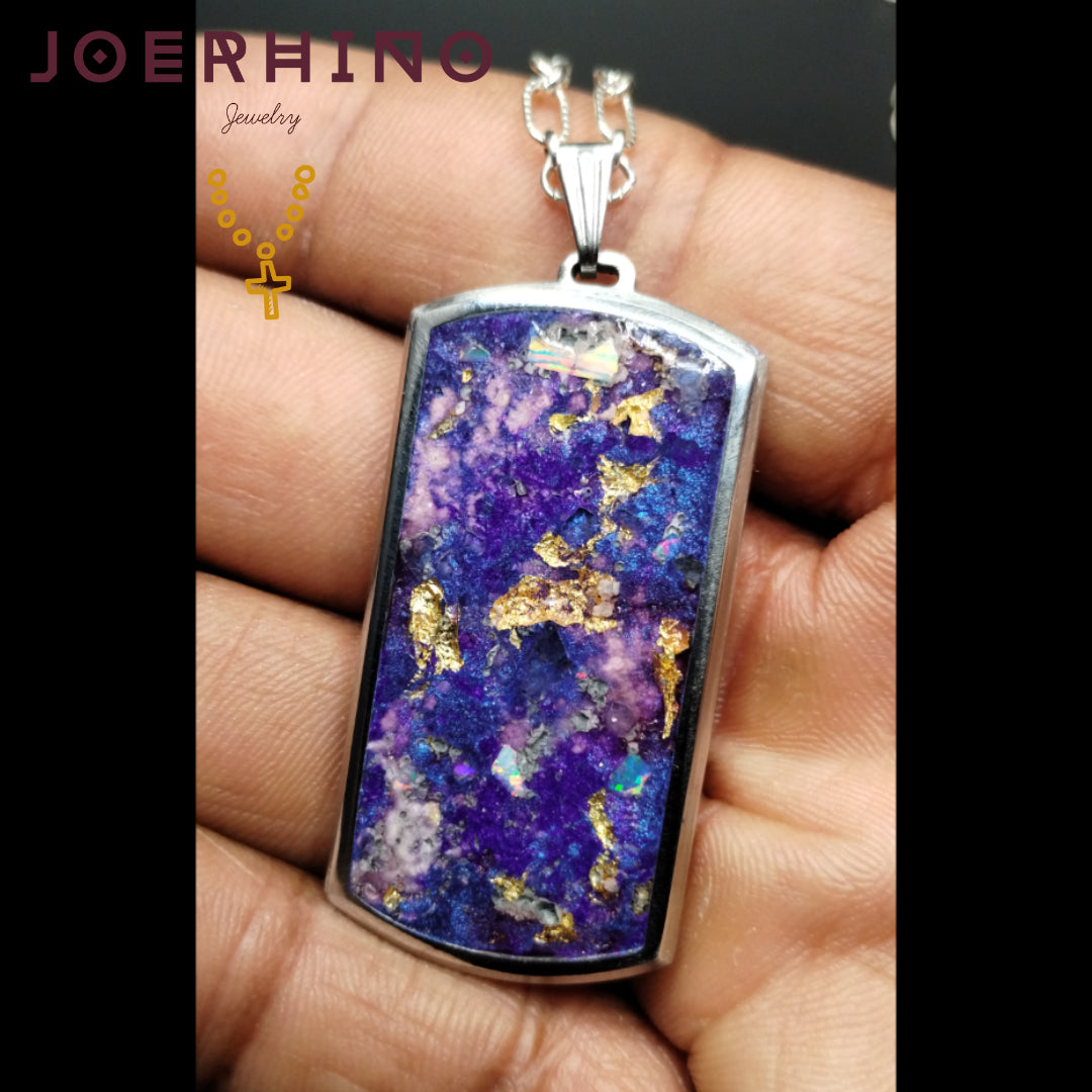 1/1 COBALT CHROME DOG TAG PENDANT 24K FLAKE CRUSHED OPAL. 18IN STERLING SILVER CHAIN AND CLASP